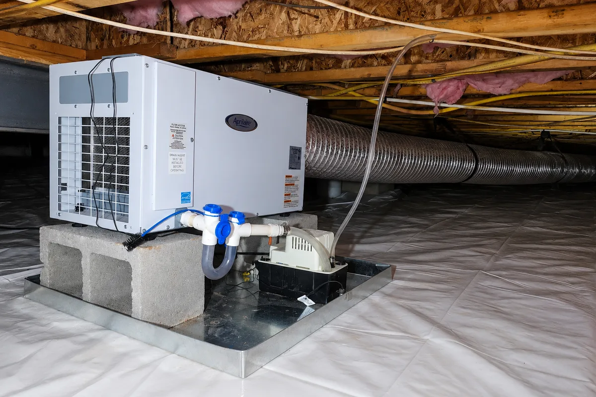 AprilAire dehumidifier installed on a block stand with condensate pump above a sealed vapor barrier in a Wake County NC crawl space