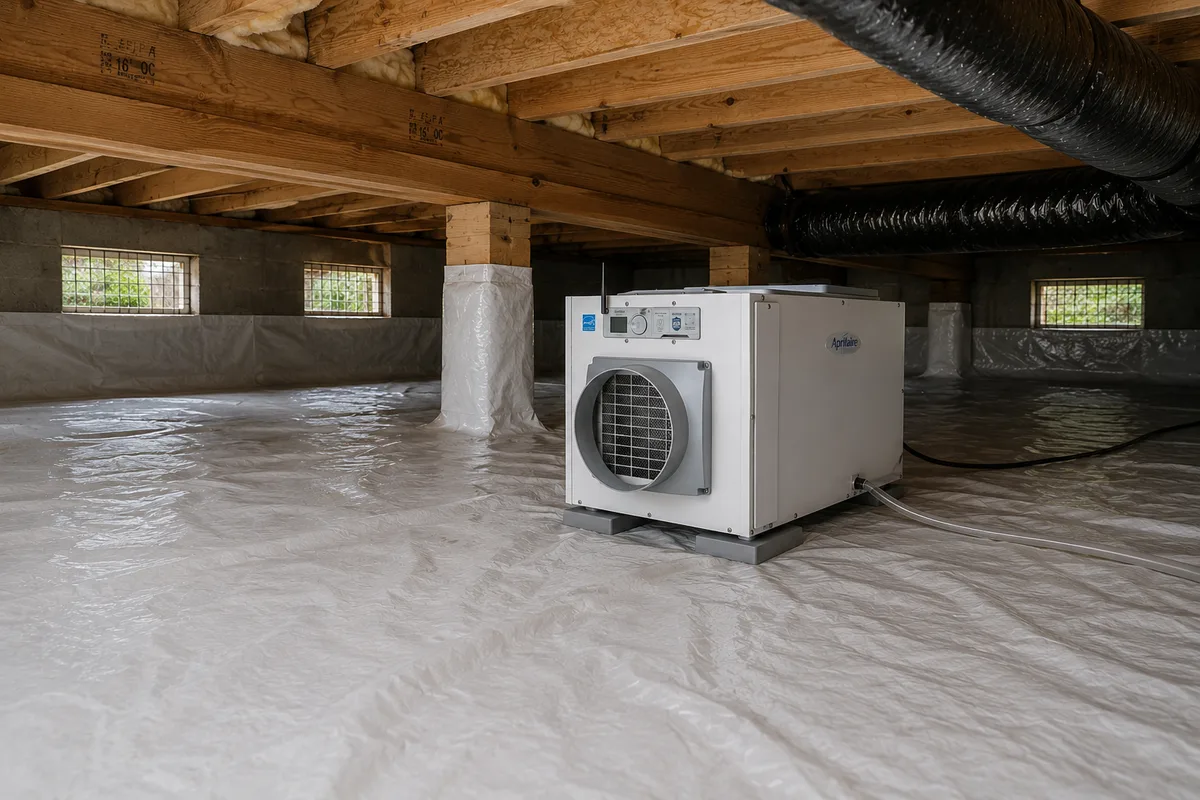 AprilAire E130W dehumidifier on an encapsulated crawl space floor with vapor barrier, exposed floor joists, foundation vents, and ductwork visible in a Wake County NC home