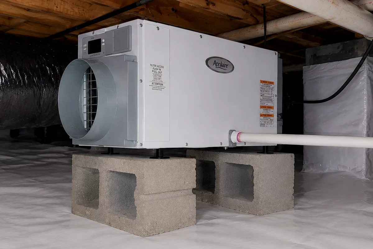 AprilAire E80W dehumidifier mounted on concrete blocks in an encapsulated crawl space with white vapor barrier on floor and walls, Wake County NC