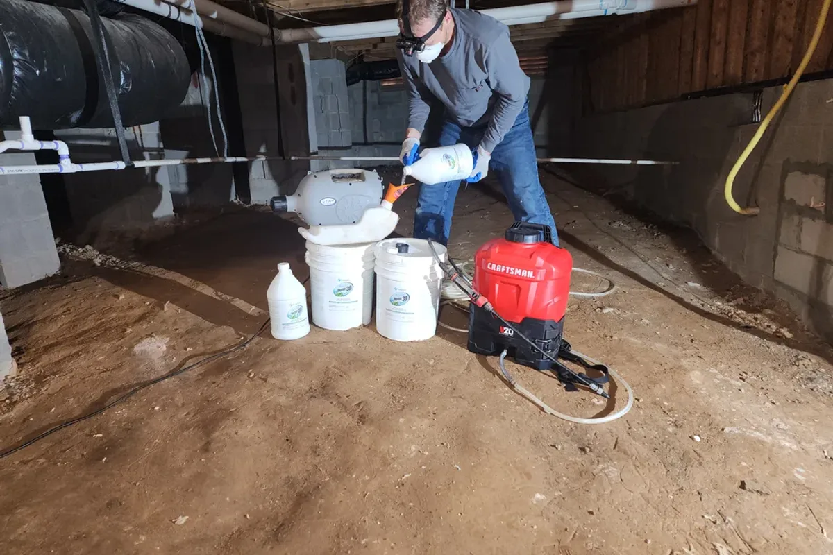 Technician mixing Benefect Botanical Decon 30 antimicrobial solution before treating mold in a Wake County NC crawl space