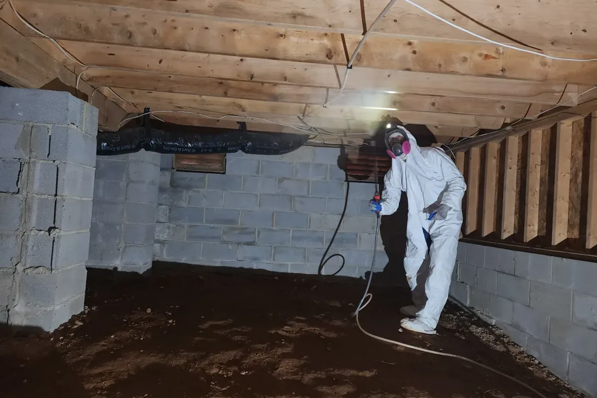 Technician in protective suit and respirator treating mold in a vented Wake County NC crawl space with a sprayer