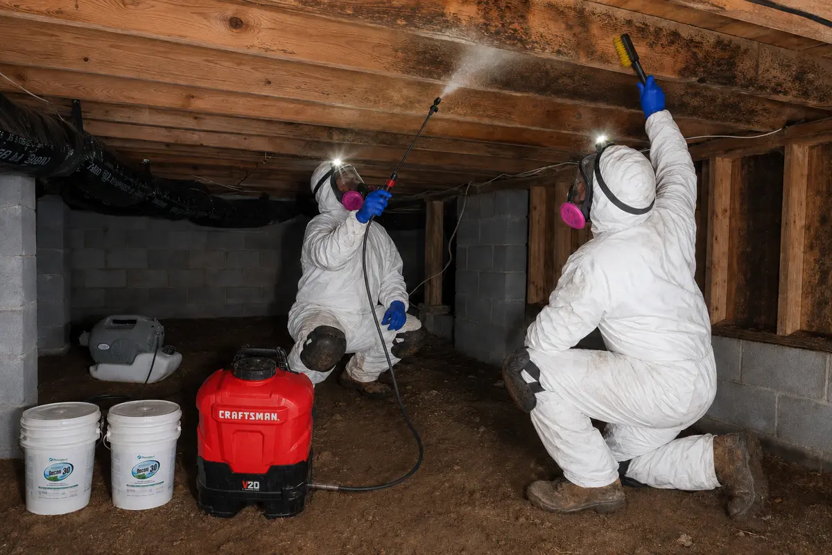 Two technicians in protective suits and respirators spraying and brushing heavy mold growth on floor joists in a Wake County NC crawl space