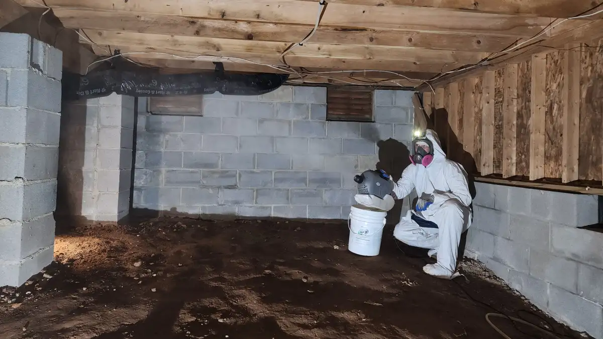 Crawl space mold treatment being applied to floor joists in a Raleigh NC home