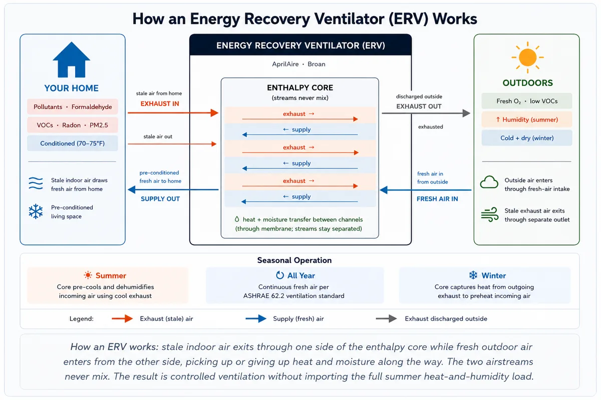 Diagram showing how an ERV works: stale indoor air and fresh outdoor air flow in opposite directions through alternating channels in the enthalpy core, exchanging heat and moisture without mixing