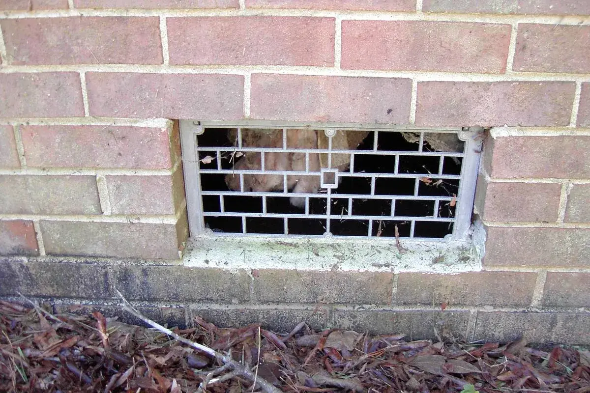 Open foundation vent in a brick crawl space wall where humid outdoor air enters year-round