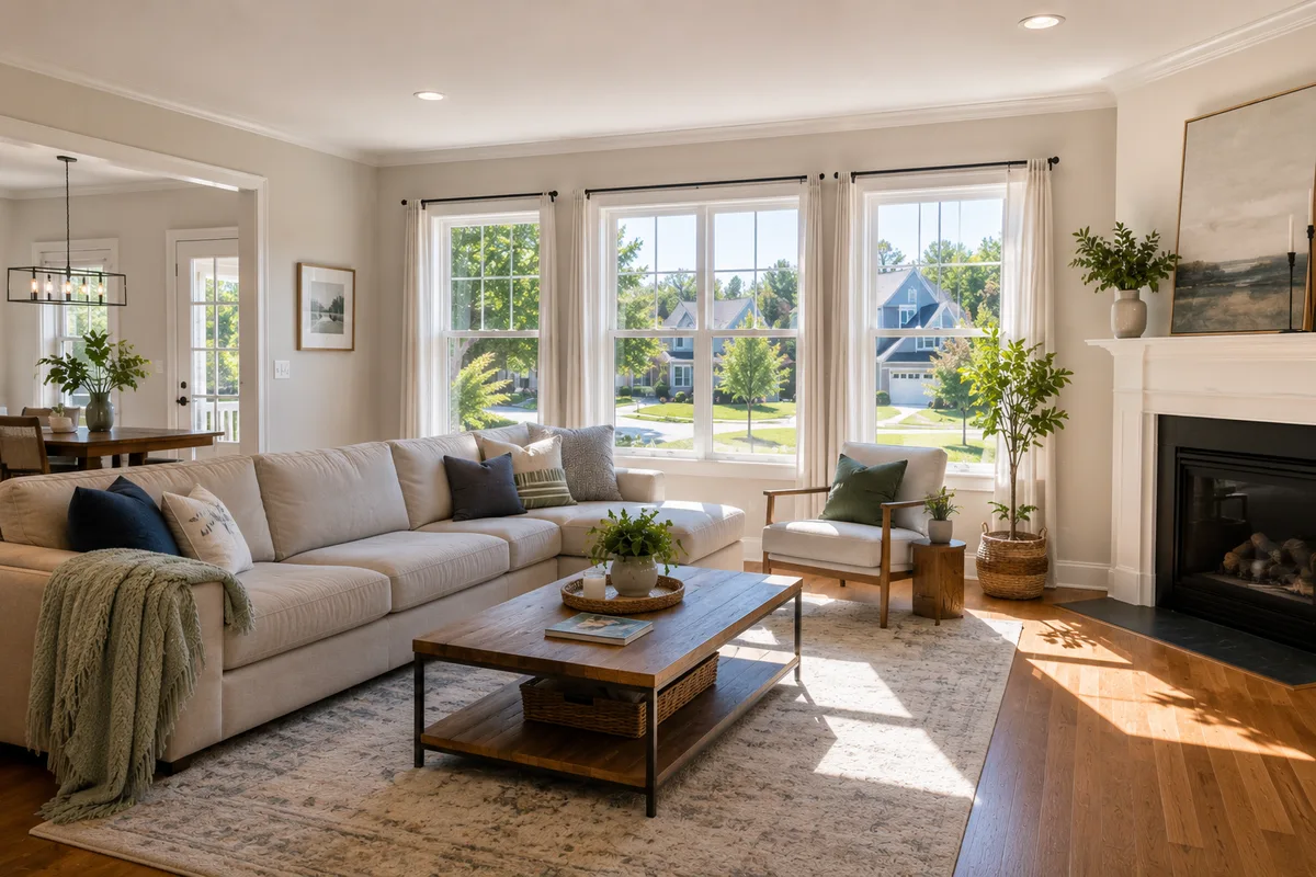 Bright, airy living room in a modern Wake County NC home with large windows and natural light, representing clean healthy indoor air quality