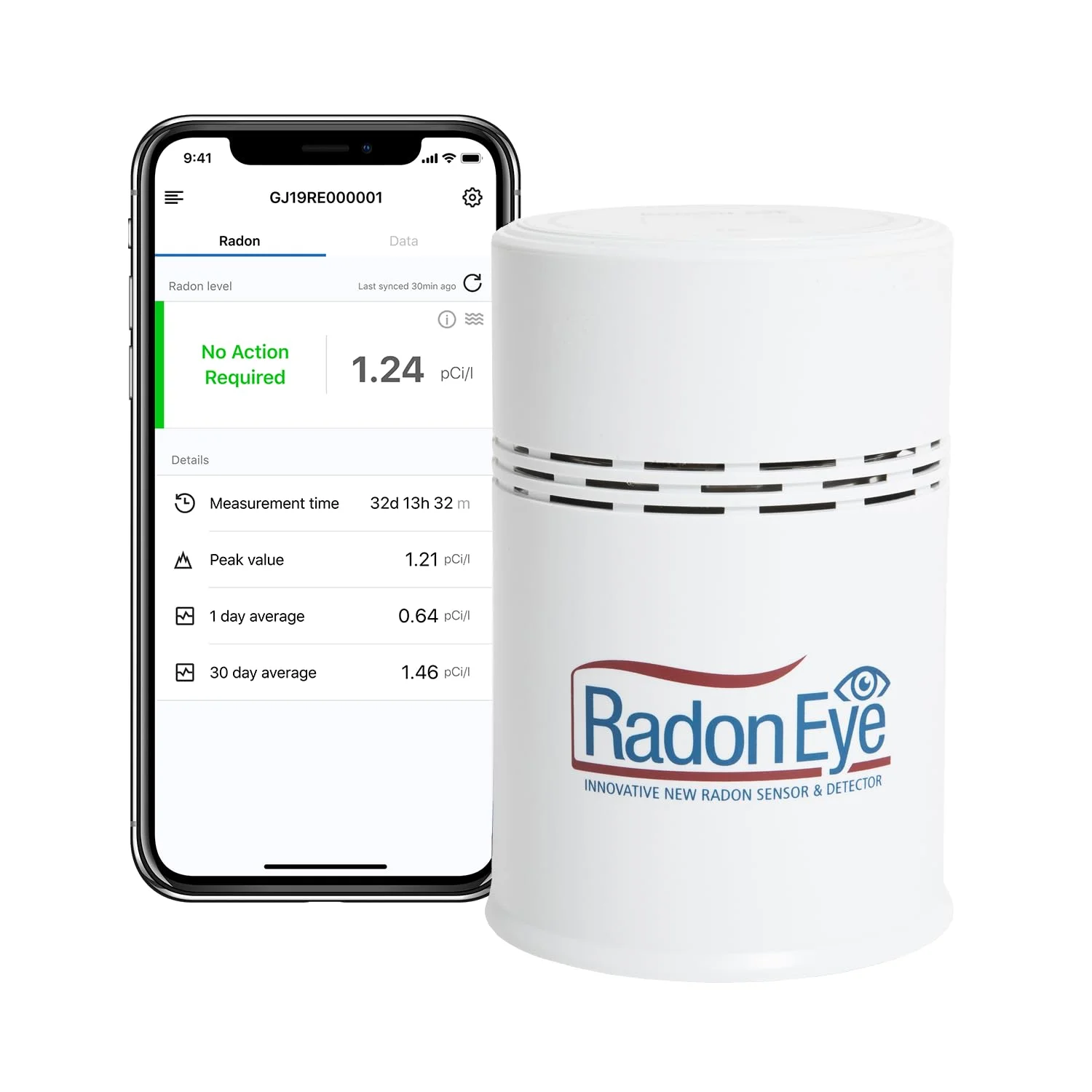 Ecosense RD200 RadonEye continuous radon monitor next to smartphone app showing 1.24 pCi/L reading with 30-day history