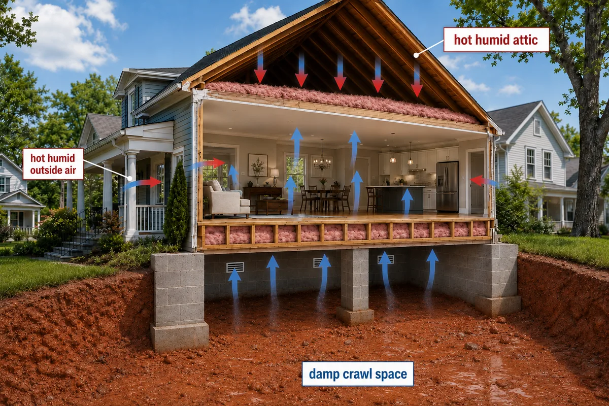 House cutaway showing hot humid outside air, attic, and damp crawl space driving indoor humidity in Raleigh, NC