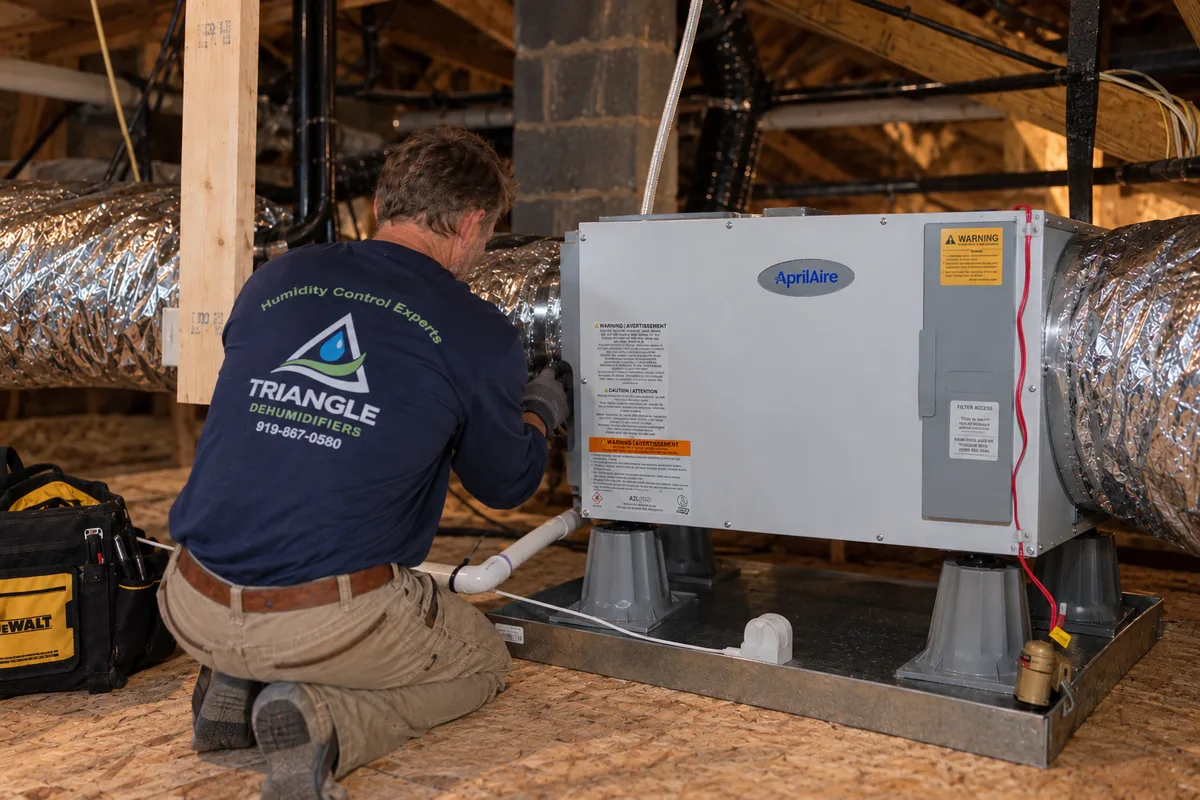 Triangle Dehumidifiers technician installing an AprilAire whole-house dehumidifier next to HVAC ductwork in a Wake County home
