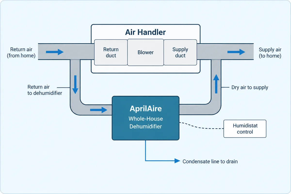 Diagram of a return-to-supply dehumidifier layout: return air branches into an AprilAire unit with its own fan and coil, then returns dried air to supply, with a condensate line and humidistat shown