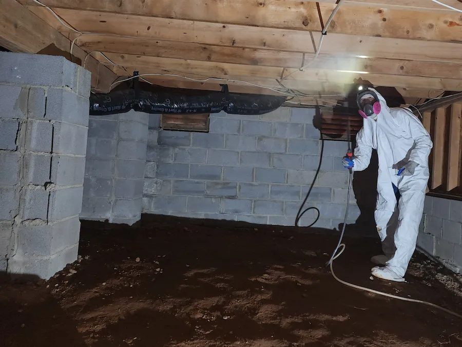 Technician spray treating wood surfaces during crawl space mold remediation in Raleigh NC
