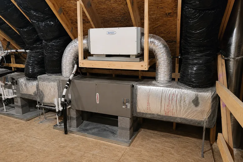 Whole-house dehumidifier installed in an encapsulated crawl space in Raleigh NC